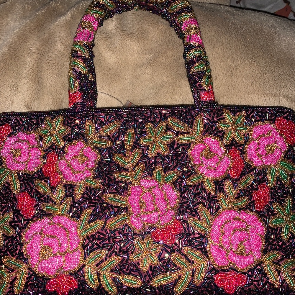 Vintage Floral Design Glass Beaded Hand Bag